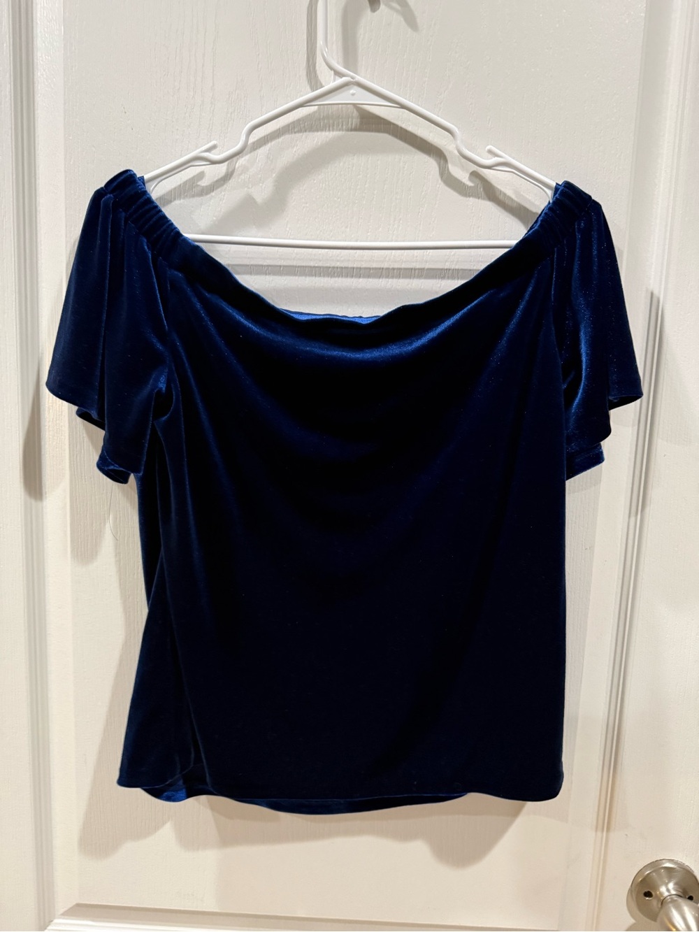 White House Black Market Navy Velvet Off-Shoulder Top